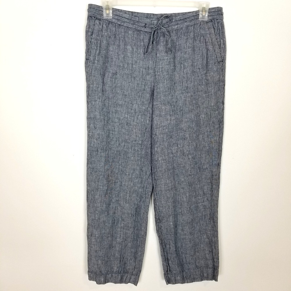 Talbots Women's 100% Linen Wide Leg Pants Crop Sz L Gray Striped Drawstring
